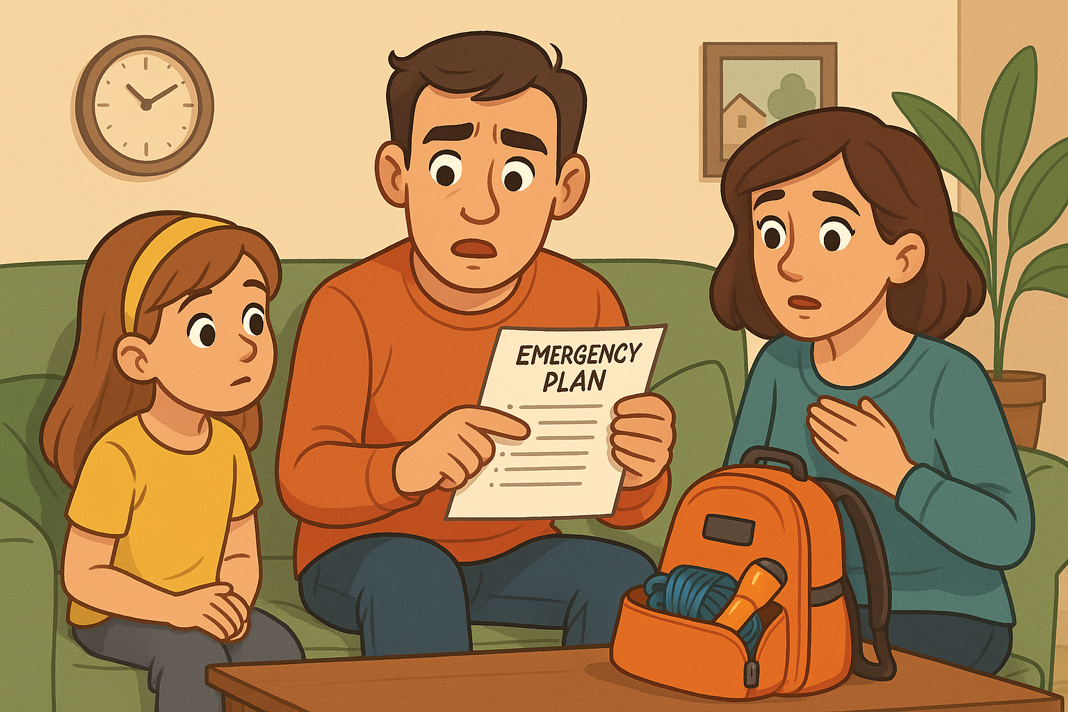 Familia revisando un plan de emergencia y una mochila de preparación ante desastres